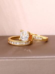 2入組/套魅力四射方晶鋯石戒指套裝適合女士適用於訂婚首飾類情人節禮品 - 金黃色 - 查看 6