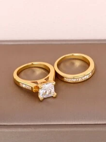 2入組/套魅力四射方晶鋯石戒指套裝適合女士適用於訂婚首飾類情人節禮品 - 金黃色 - 查看 8