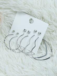 6 đôi bông tai trang trí trái tim và đá rhinestone, trang sức bằng thép không gỉ - Bạc - Xem 3