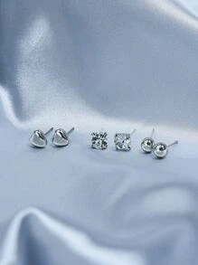 6 đôi bông tai trang trí trái tim và đá rhinestone, trang sức bằng thép không gỉ - Bạc - Xem 7