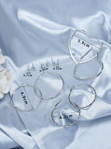 6 đôi bông tai trang trí trái tim và đá rhinestone, trang sức bằng thép không gỉ - Bạc - Xem 8