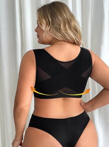 Plus Contrast Mesh Shapewear Top - Black - View 2