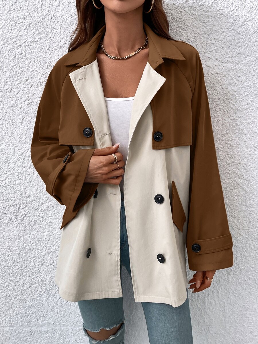 SHEIN Essnce Gabardina de dos tonos de manga raglán de doble botonadura - Multicolor - Ver 1