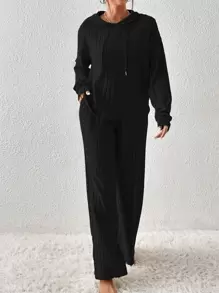 EMERY ROSE Ribbed Knit Drop Shoulder Drawstring Hoodie & Trousers - Black - View 4