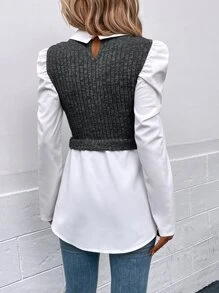 SHEIN Clasi Rib Knit Puff Sleeve 2 In 1 Peplum Top - Multicolor - View 2