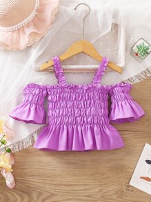 Toddler Girls Cold Shoulder Flounce Sleeve Ruched Peplum Blouse - Purple - View 2