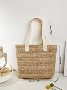 1入組卡其色休閒風格藤編圖案拉鍊開合大容量女式單肩包，非常適合日常購物和海灘玩耍，可容納手機、平板電腦、紙巾和日常用品 - 卡其色 - 查看 4