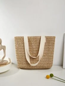 1入組卡其色休閒風格藤編圖案拉鍊開合大容量女式單肩包，非常適合日常購物和海灘玩耍，可容納手機、平板電腦、紙巾和日常用品 - 卡其色 - 查看 5