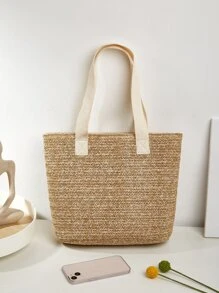 1入組卡其色休閒風格藤編圖案拉鍊開合大容量女式單肩包，非常適合日常購物和海灘玩耍，可容納手機、平板電腦、紙巾和日常用品 - 卡其色 - 查看 8