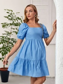 SHEIN Maternity Puff Sleeve Tie Back Ruffle Hem Dress - Blue - View 2