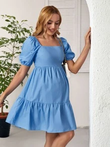 SHEIN Maternity Puff Sleeve Tie Back Ruffle Hem Dress - Blue - View 3