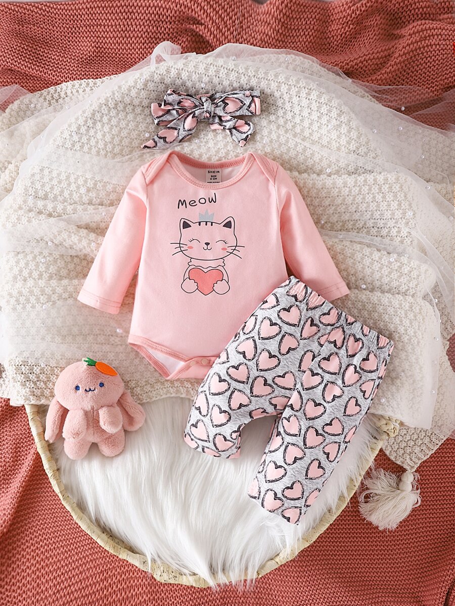 嬰兒嬰兒卡通圖案連體衣和愛心圖案長褲和頭巾 - 彩色 - 查看 1