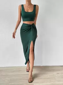Chiquease Bộ đồ hai mảnh nữ xoắn lại Tách cao màu trơn Gợi cảm - Màu xanh lá cây đậm - Xem 2
