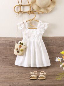 Toddler Girls Eyelet Embroidery Ruffle Trim Dress Without Bag - White - View 2