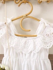 Toddler Girls Eyelet Embroidery Ruffle Trim Dress Without Bag - White - View 5