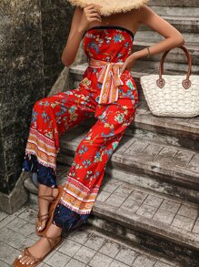 Breezaya Floral Print Belted Tube Jumpsuit - Red - View 1