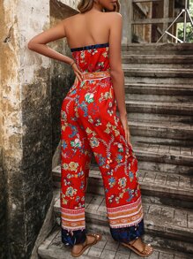 Breezaya Floral Print Belted Tube Jumpsuit - Red - View 2