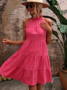 SHEIN VCAY Vestido bajo con fruncido de cuello halter bajo con fruncido - Rosa Fucsia - Ver 1