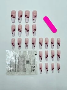 使用24入組長棺材白色法式心形印花假指甲和1入組指甲銼和1張膠帶立即升級您造型 - 彩色 - 查看 2