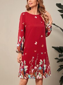 EMERY ROSE 蝴蝶和雛菊圖案燈籠袖直筒連衣裙 - 紅色 - 查看 4