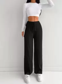 SHEIN Cottnline بنطلون موحدة اللون خصر مرن معقود من الأمام حياكة - الأسود - مشاهدة 5