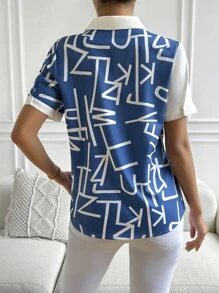 Chiquease 雙色和圖案前排扣襯衫 - 藍白色 - 查看 2