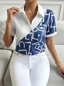 Chiquease 雙色和圖案前排扣襯衫 - 藍白色 - 查看 3