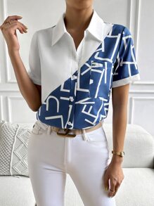 Chiquease 雙色和圖案前排扣襯衫 - 藍白色 - 查看 4