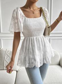 SHEIN Privé Square Neck Puff Sleeve Peplum Blouse - White - View 4