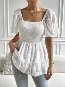 SHEIN Privé Square Neck Puff Sleeve Peplum Blouse - White - View 5