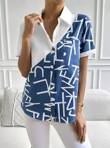 Chiquease 雙色和圖案前排扣襯衫 - 藍白色 - 查看 5