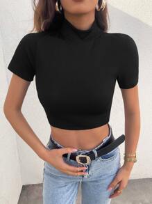 Camiseta crop de cuello alto tejido de canalé - Negro - Ver 1