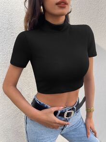 Camiseta crop de cuello alto tejido de canalé - Negro - Ver 3