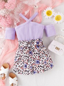 SHEIN Toddler Girls Cold Shoulder Tee & Butterfly And Leopard Print Shorts - Multicolor - View 1