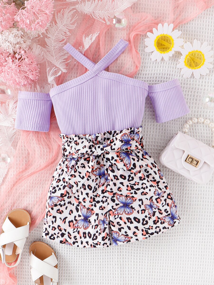 SHEIN Toddler Girls Cold Shoulder Tee & Butterfly And Leopard Print Shorts - Multicolor - View 1