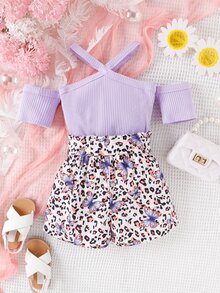 SHEIN Toddler Girls Cold Shoulder Tee & Butterfly And Leopard Print Shorts - Multicolor - View 2