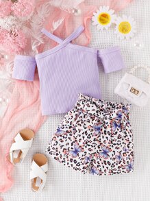 SHEIN Toddler Girls Cold Shoulder Tee & Butterfly And Leopard Print Shorts - Multicolor - View 3