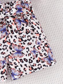 SHEIN Toddler Girls Cold Shoulder Tee & Butterfly And Leopard Print Shorts - Multicolor - View 5