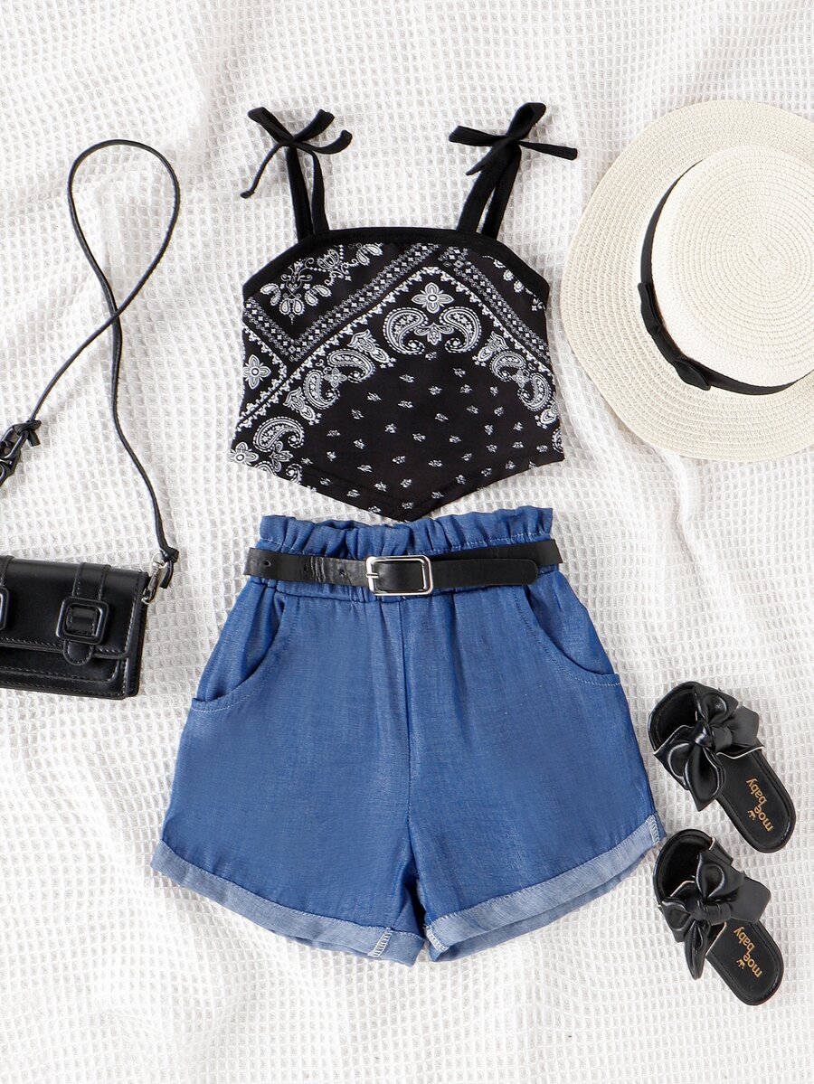 SHEIN Toddler Girls Paisley Print Bandana Cami Top & Belted Roll Hem