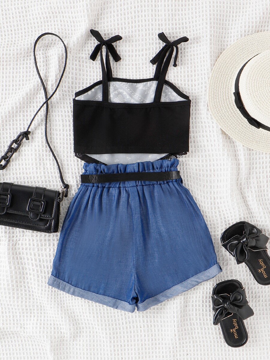 SHEIN Toddler Girls Paisley Print Bandana Cami Top & Belted Roll Hem