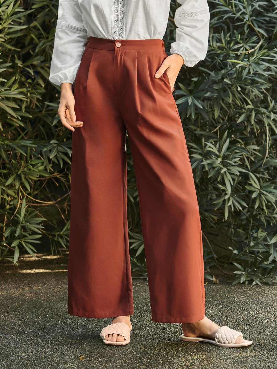SHEIN LUNE Pantalones de traje con fruncido de pierna ancha - Naranja Quemada - Ver 1