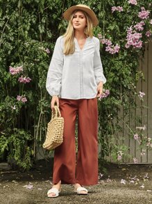 SHEIN LUNE Pantalones de traje con fruncido de pierna ancha - Naranja Quemada - Ver 4