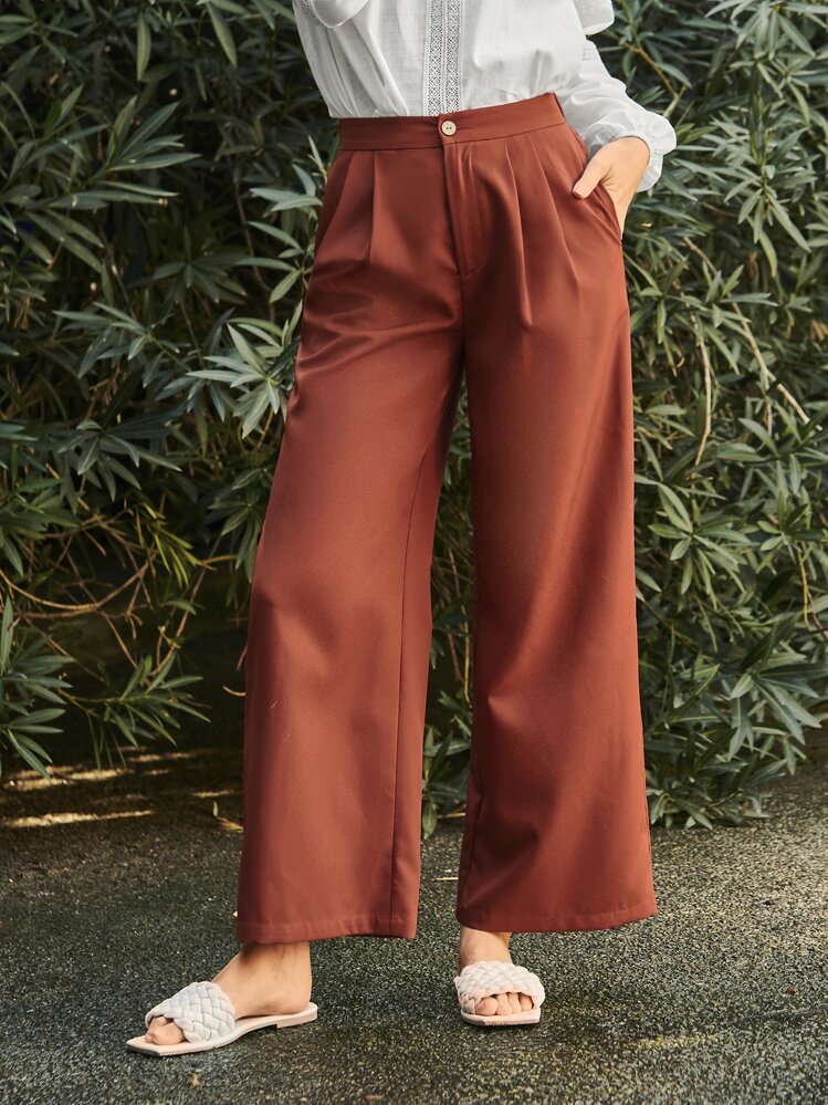 SHEIN LUNE Fold Pleated Wide Leg Suit Pants - Burnt Orange - View 5