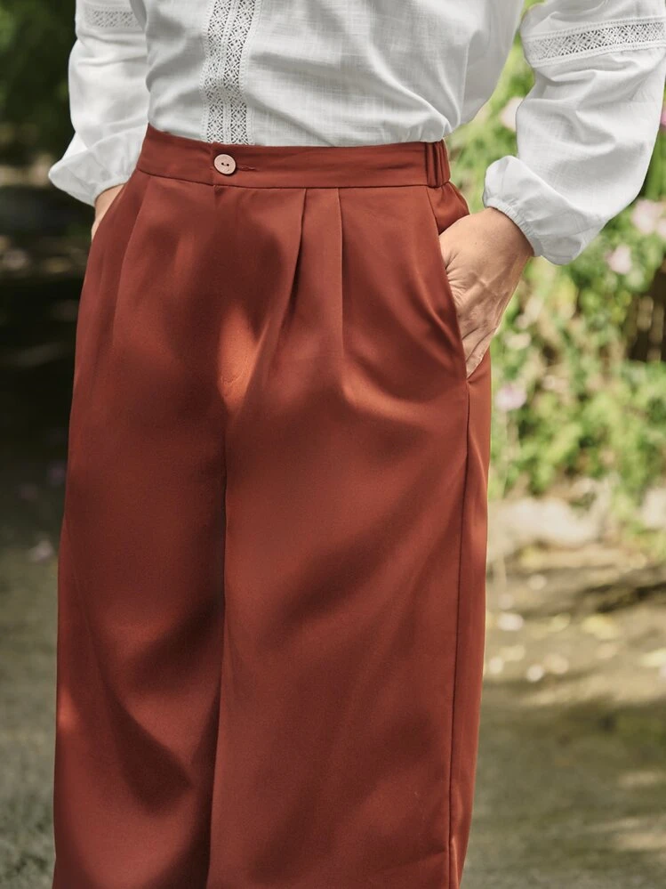 SHEIN LUNE Fold Pleated Wide Leg Suit Pants - Burnt Orange - View 6