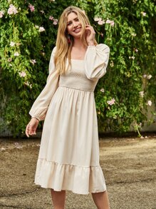 SHEIN VCAY Vestido de cuello cuadrado de manga farol bajo con fruncido - Beis - Ver 3