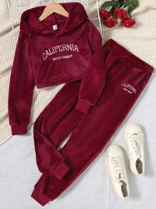 Girls Letter Embroidery Drop Shoulder Hoodie & Joggers - Burgundy - View 1