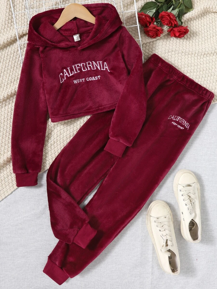 Girls Letter Embroidery Drop Shoulder Hoodie & Joggers - Burgundy - View 1