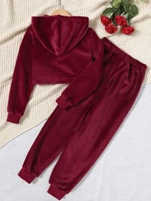 Girls Letter Embroidery Drop Shoulder Hoodie & Joggers - Burgundy - View 2