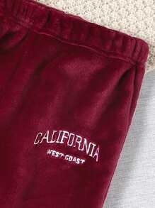 Girls Letter Embroidery Drop Shoulder Hoodie & Joggers - Burgundy - View 3