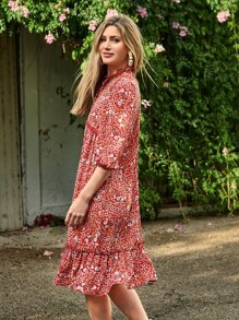 SHEIN VCAY Tie Neck Ditsy Floral Print Ruffle Hem Dress - Multicolor - View 3